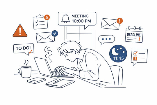 Remote worker at home surrounded by floating task notifications, email