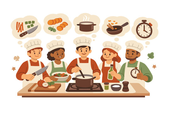 A group of diverse culinary students gathered around a central cooking