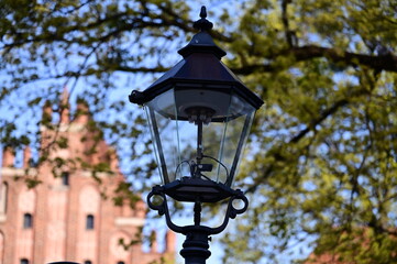 Fototapeta premium A street lamp made of metal and glass against the backdrop of the city