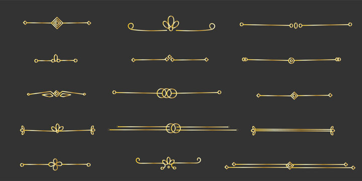 Elegant Blue Art Deco borders with geometric ornaments. Set of vector decorative dividers, design elements,  golden in retro 1920s. Gold for vintage invitations, classic menus and luxury labels