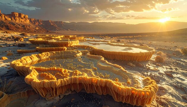 Vast Cyanobacteria Colonies Forming Natural Terraced Pools at Sunset in Arid Landscape