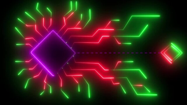 Digital neon data connection technology background.Futuristic glowing neon circuit board with moving electrons PNG alpha. Futuristic hardware multicolor pattern 4K video