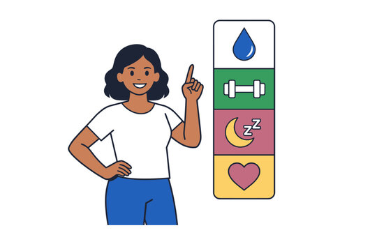 A diverse woman standing beside a large vertical progress bar filled with