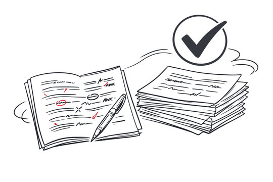 Document editing workflow showing an open manuscript page with a red pen
