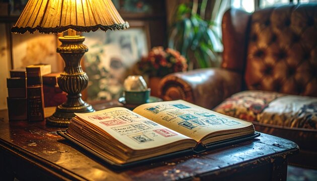 Open passport stamp album filled with vintage travel memorabilia on a desk, evoking a sense of adventure and history.