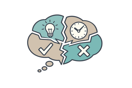 Divided thought bubble split into multiple conflicting directions and