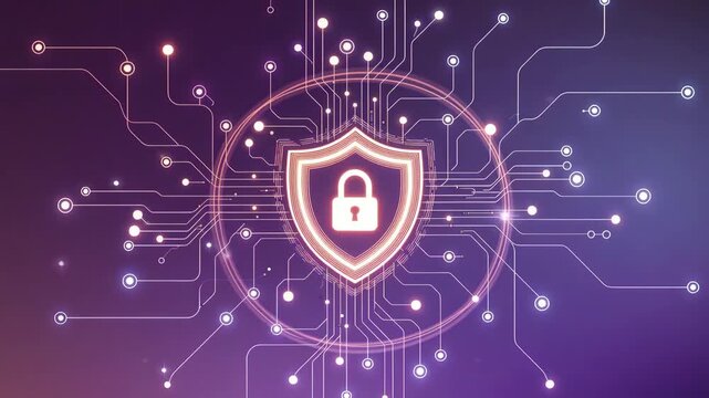 Glowing shield with lock and circuit lines in futuristic style on dark gradient background, concept of digital protection and security