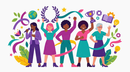 Fototapeta premium Empowering Illustration of a Group of Women Holding Symbols of Success 