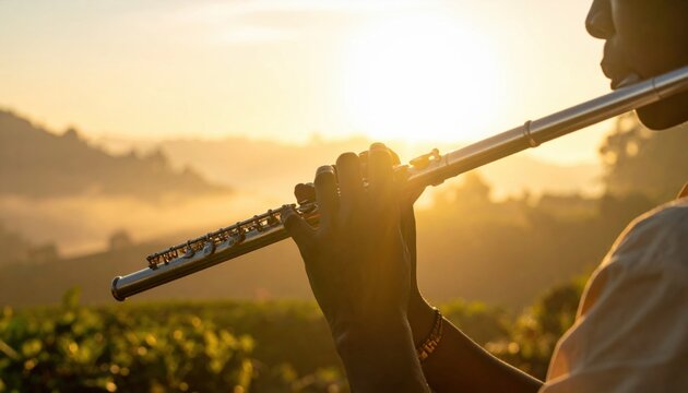 Hands holding a silver flute at sunrise in a sunlit vineyard, evoking musical serenity.