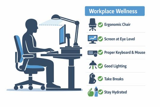 A side-view of a professional seated at an ergonomic desk with proper