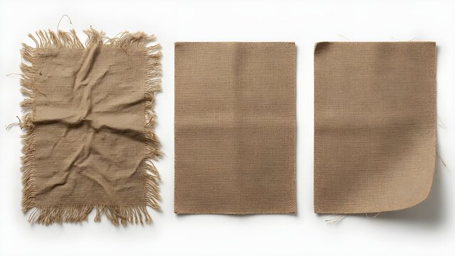 Rustic burlap fabric swatches on white background, set of three brown linen textile samples, frayed jute cloth and smooth canvas material