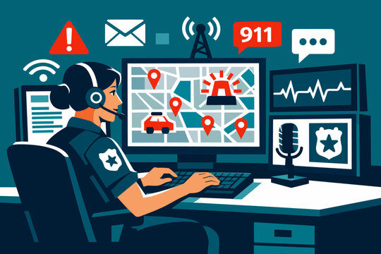 Police dispatch operator at control center with headset on, hands on