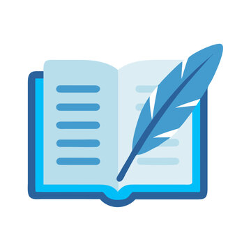 Stylized flat icon of an open book with a feather pen on black