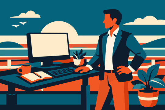 Entrepreneur standing at a standing desk setup on a sunny outdoor terrace,