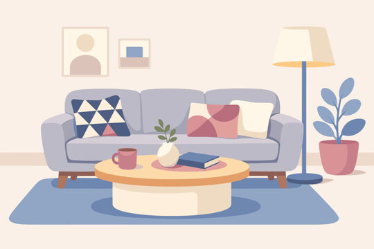Contemporary furniture arrangement displaying a soft gray upholstered sofa