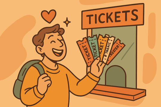 A shopper standing at a ticket counter window with an excited expression,