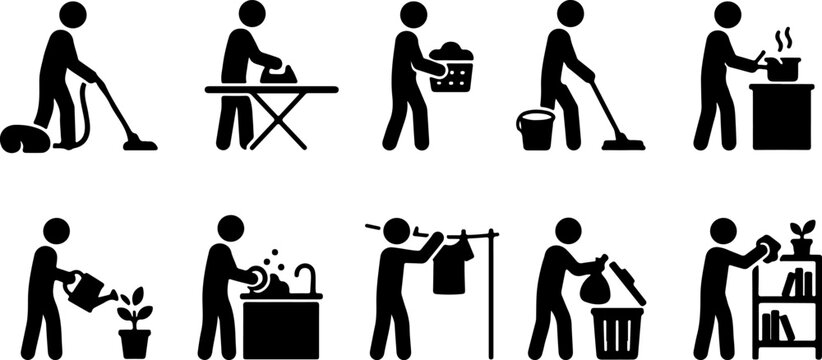set of icons of simple men doing various household chores, side view
