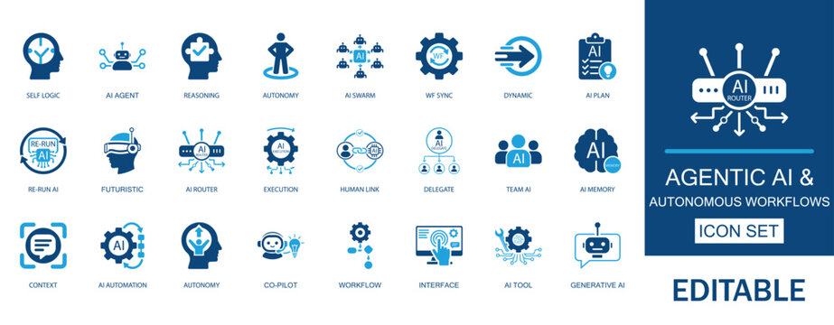 Agentic AI and autonomous workflows icon set. Features AI agents, machine reasoning,  ai, autonomous decision making, smart routing, gen ai and human-AI collaboration symbols.