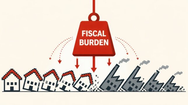 A stylized vector diagram showing a heavy fiscal burden weight crushing pixelated houses and industrial factory buildings in a widescreen economic conceptual illustration for financial analysis.