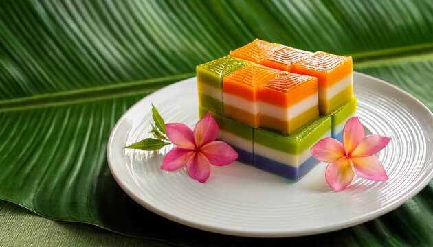 colorful layered dessert kue lapis with fresh flower decoration on a white plate and green leaf backdrop