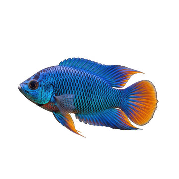 Vibrant blue and orange anthias fish swimming gracefully in water