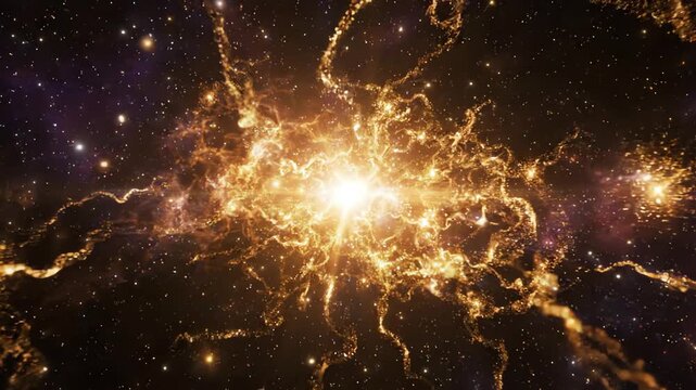 Abstract motion background of golden stardust particles and shimmering cosmic light in a dark galactic void