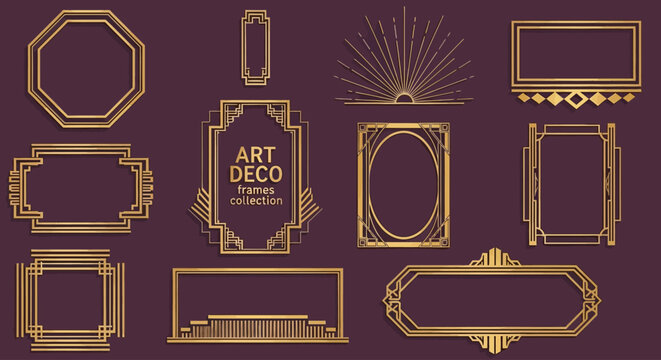 Art Deco frames collection, luxury gold geometric borders on dark purple background, vintage 1920s style decorative elements for wedding invitations
