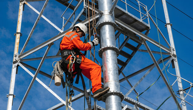 Industrial Rope Access Technician Working on Steel Transmission Tower Structure