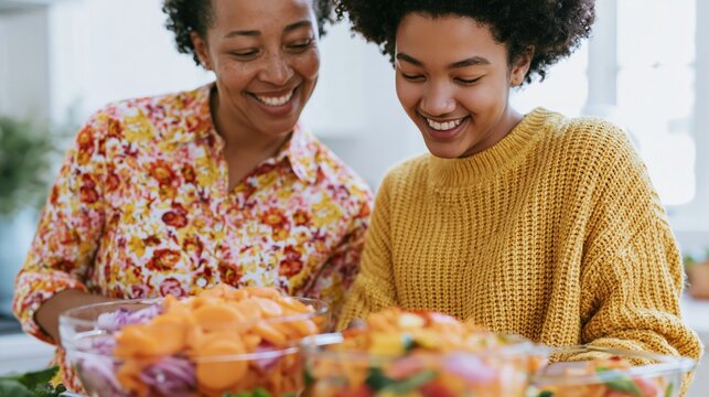 Black mother and teenage daughter preparing fresh salad together in a bright kitchen, colorful vegetables displayed in bowls on the counter