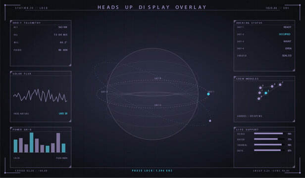 Futuristic space station heads up display interface with orbital telemetry vector illustration
