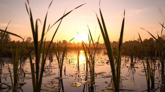 Cinematic close up of golden dawn light reflecting on calm fen wetland water with tall reeds swaying gently in the morning breeze
