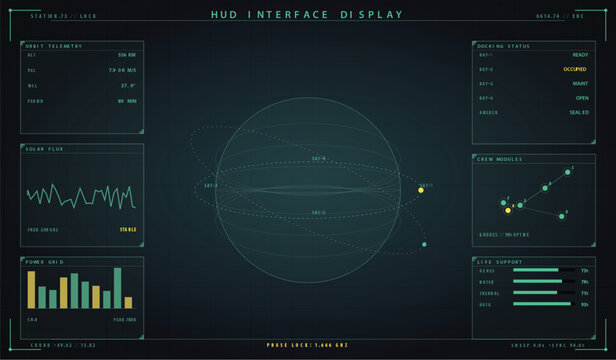 Futuristic hud interface display with orbital satellite tracking and telemetry vector illustration