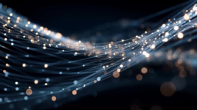 Glowing blue and orange fiber optic cables on a dark background with bokeh effect