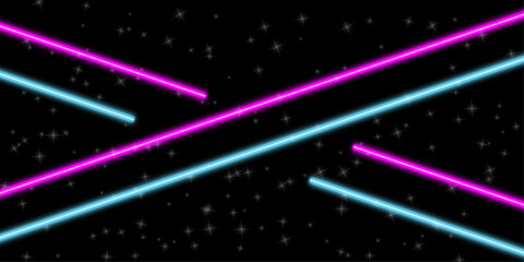 Naklejka premium Neon laser beams in blue and purple colors crossing on a dark starry space background with glowing light effects for futuristic technology and science fiction digital art