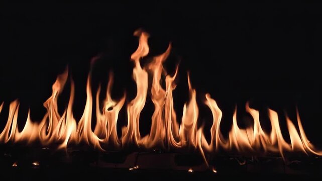 Bright dancing flames in realistic style on a dark background, symbolizing warmth and energy in a dramatic visual scene