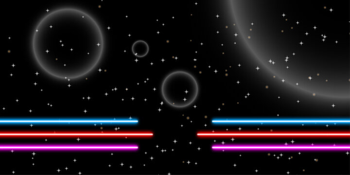 Retro pixel art space background with glowing neon lines and circular planets in a dark starry night sky for vintage video game design