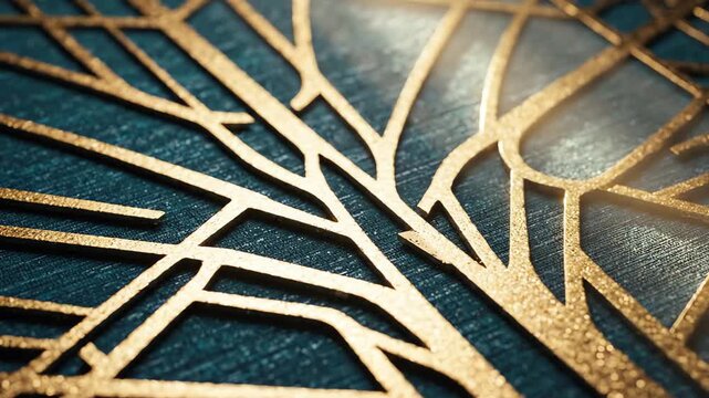Elegant geometric teal and gold pattern on a textured surface with soft light rays moving across the intricate metallic design