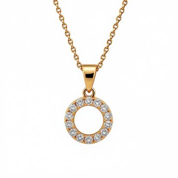 Gold circular pendant necklace with small diamonds on a thin chain. Elegant jewelry accessory for women, perfect for everyday wear or special occasions.