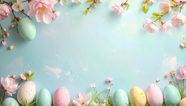 Easter greeting background with pastel eggs along lower edge