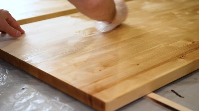 Master carpenter, Applying natural oil on natural wood product. Carpenter applying protective varnish to wooden surface in workshop. Impregnation of wood and coating with oil