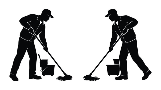 janitor silhouettes mopping floor cleaning service workers on white background