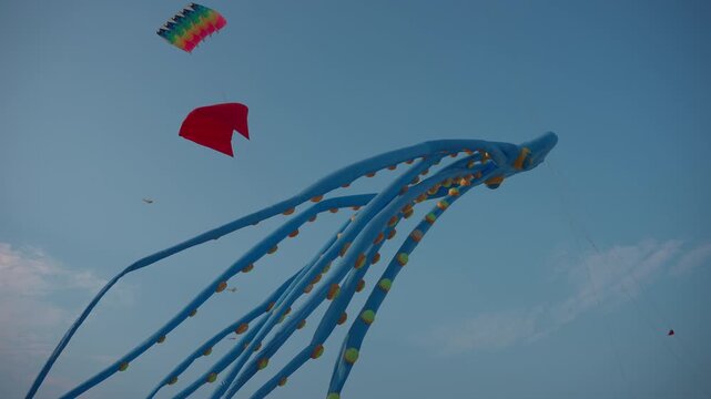 Colorful kite festival with giant inflatable kites flying in blue sky, outdoor event with large animal shaped squids and whales floating in wind under clouds 4k