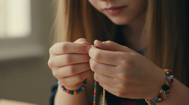 Young girl crafts colorful string bracelets with fingers. Makes friendship bands at home. Close up on hands, hobby activity, creative leisure time. Beads, thread, loom weaving. Skills learned,