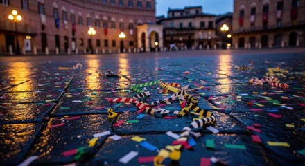 Obraz premium Colorful confetti and streamers scattered on a historic Italian town square at night