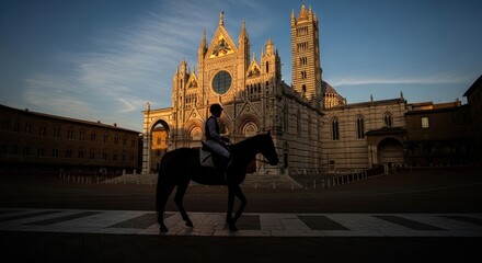 Obraz premium A jockey riding a horse in silhouette before the Siena Cathedral at sunset