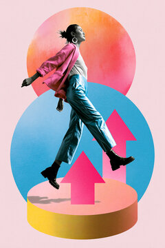 Creative trend pop collage showcases dynamic figure walking confidently