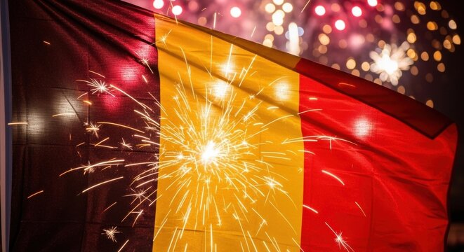 Belgian flag waving with sparklers and fireworks during a celebration
