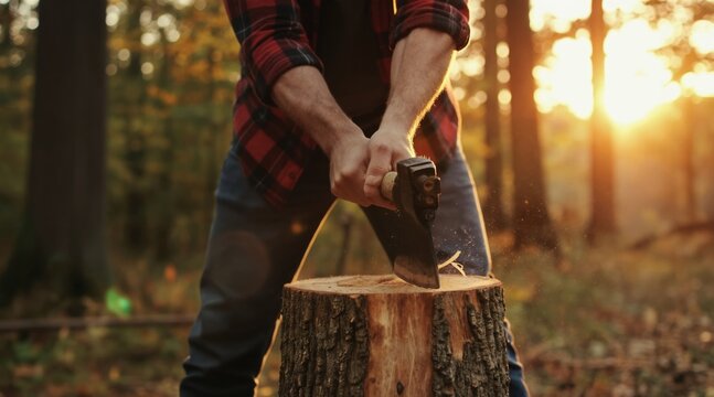 Man chops wood with axe in forest during sunset. He wears plaid shirt and jeans. Tree stump is being split by sharp tool. Golden hour light filters through trees.