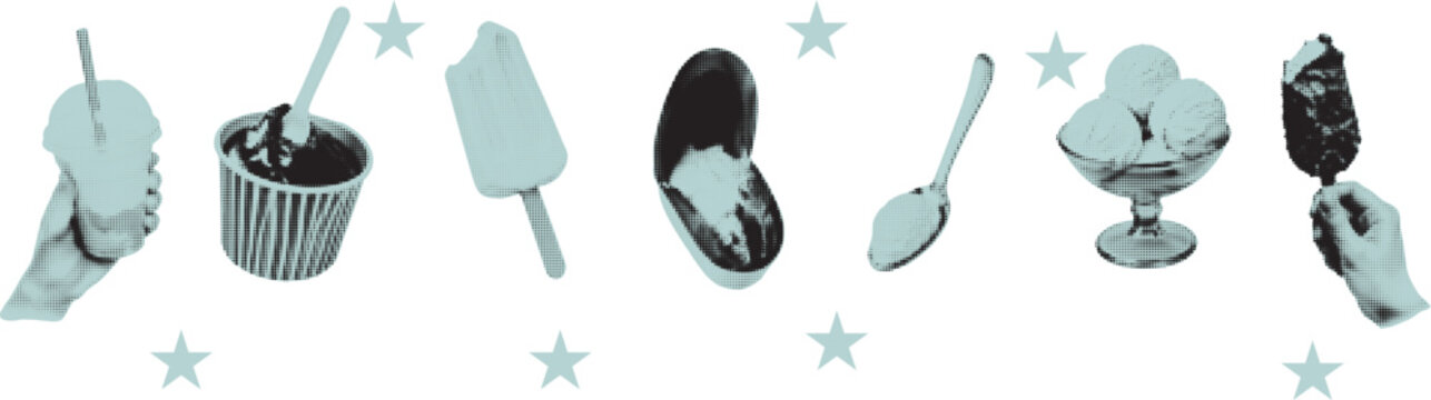Frozen snack collage cut outs set. Dessert stickers with popsicle, cupcake, spoon and ice cream sundae. Modern retro grunge mixed media vector illustration with doodles