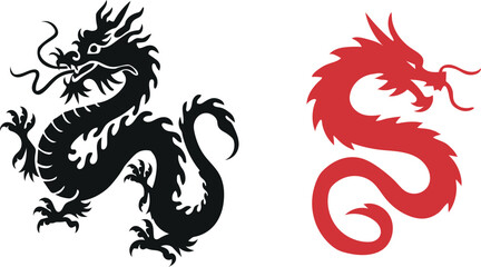 Fototapeta premium Asian Dragon Tattoo Design Set with Black and Red Tribal Style Illustration